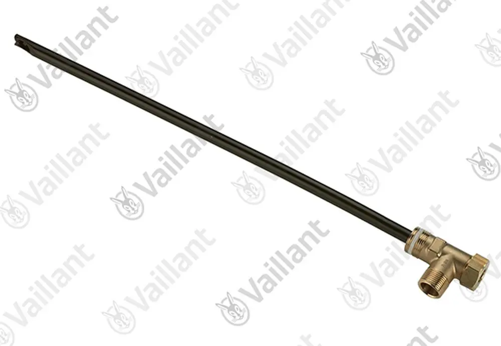 Vaillant Bauteil mit einem gebogenen Ende und einem langen, geraden Rohr. An einem Ende befindet sich ein Anschluss für eine Schraubverbindung.